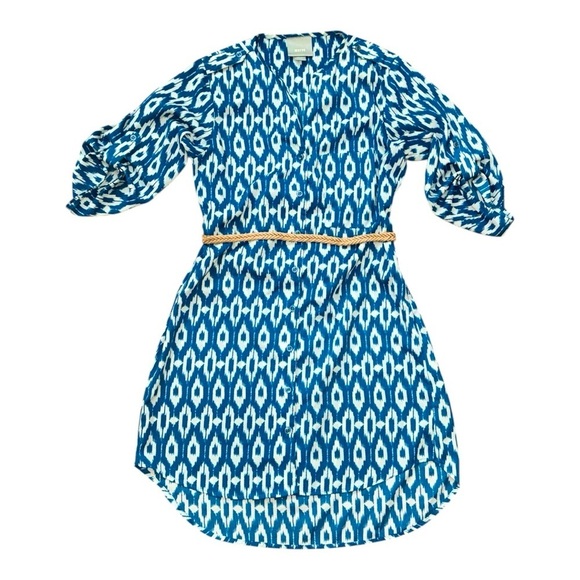 Maeve Anthropologie Ikat Button Down Dress 3/4 Sleeves Geometric Turquoise White - Picture 2 of 5